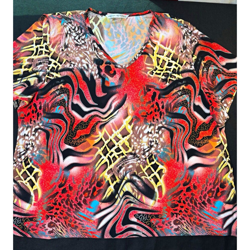 Peter Nygard Women’s Plus 3X Multicolor Abstract V-Neck Short Sleeve Top